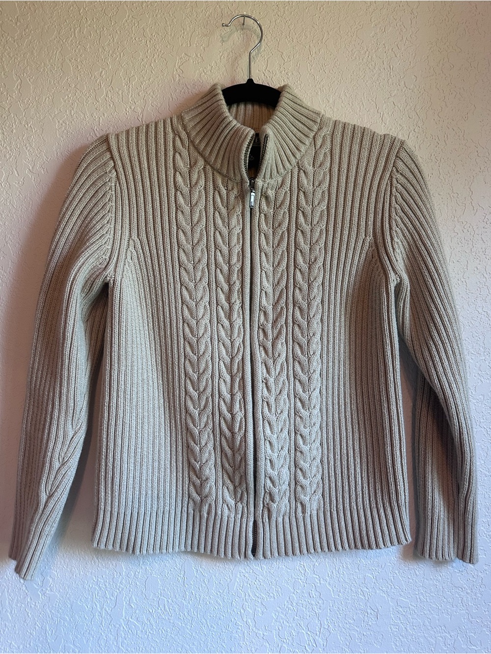 Women's taupe Cable-Knit Zip Sweater 100% cotton